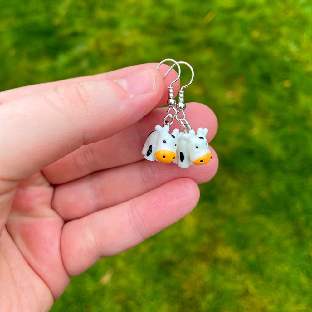 Mini Acrylic Cow Earrings with Silver Accents